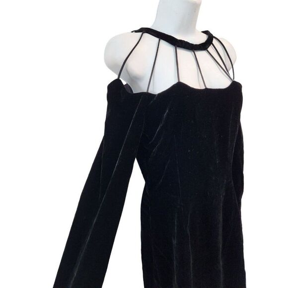 Momoshero Black Long Sleeve Cage Neck Cut Out Velvet Mini Sheath Dress M Italy - Picture 3 of 8